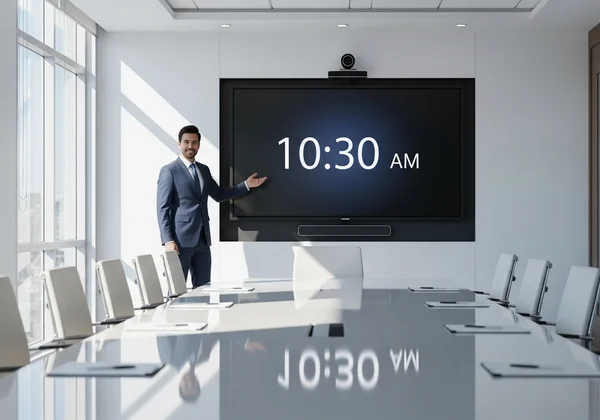 Large digital clock on screen in a professional presentation