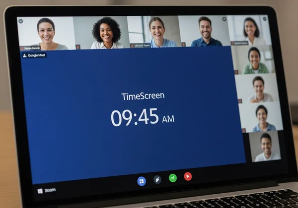 A laptop showing a TimeScreen clock in a virtual meeting
