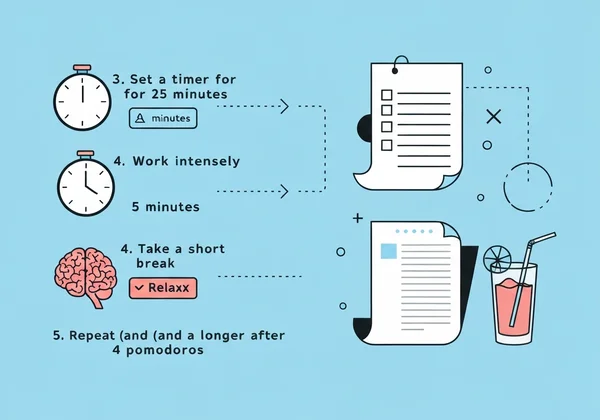 Illustration of the 5-step Pomodoro Technique cycle.