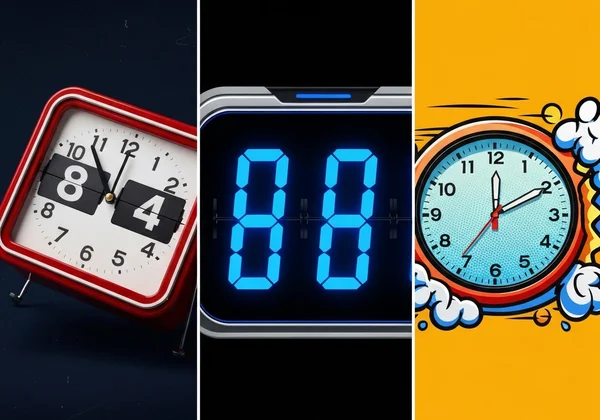 Three diverse clock themes: flip, LED, and comic style