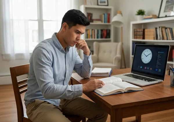 Student focused on laptop displaying a full screen clock