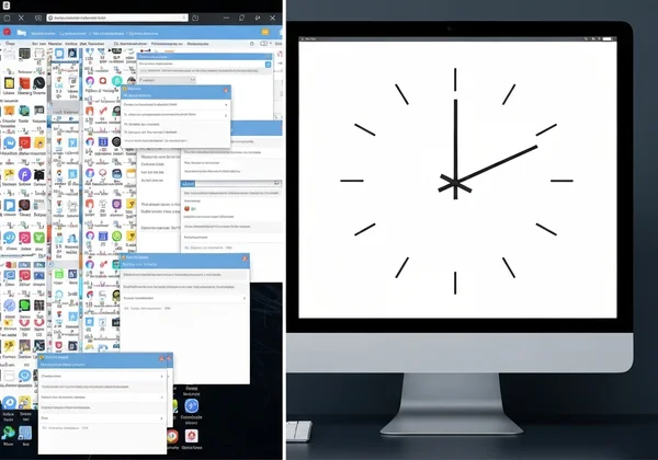 Split screen: cluttered desktop vs. clean full-screen clock.
