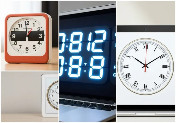 Collage of different clock themes: Flip, LED, and Analog styles.