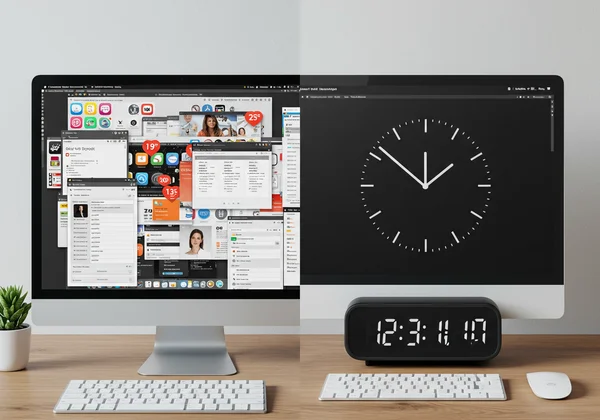 Cluttered screen vs. minimalist full screen clock for focus