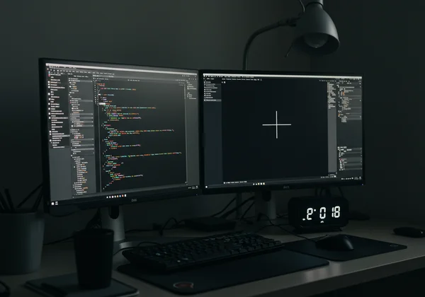 Dual monitor setup with one screen showing a full-screen clock