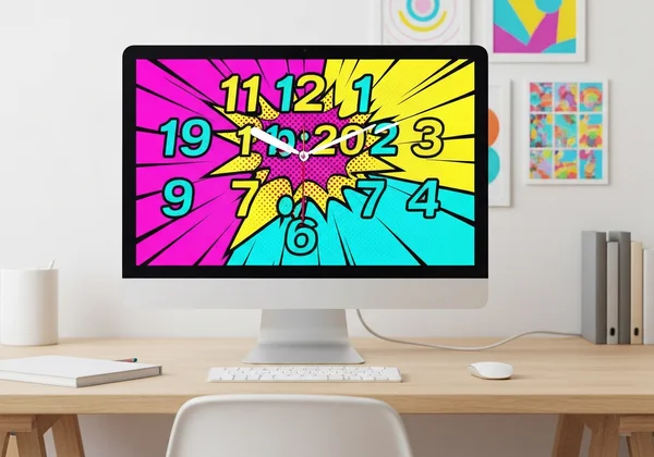 A playful comic-style clock displayed on a streamer's monitor