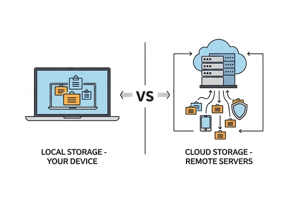 比较本地设备存储与远程云存储的图表。