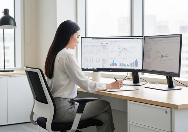 Person using TimeScreen on dual monitors for work